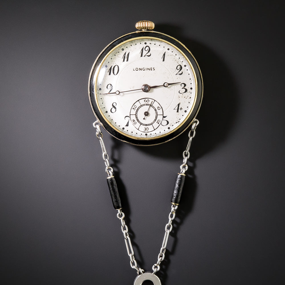 Edwardian Enamel Pendant Watch Necklace By Longines - 5