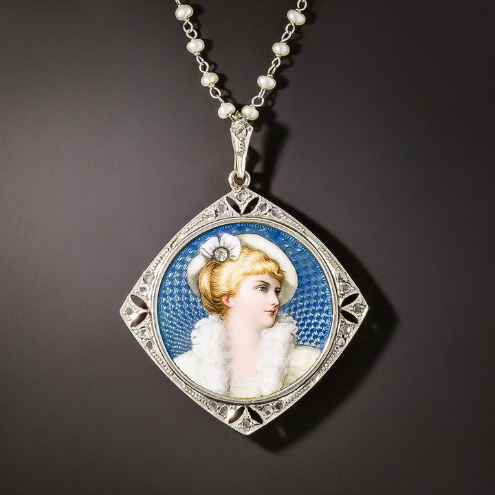Edwardian Enameled Portrait Locket Pendant With Pearl Chain