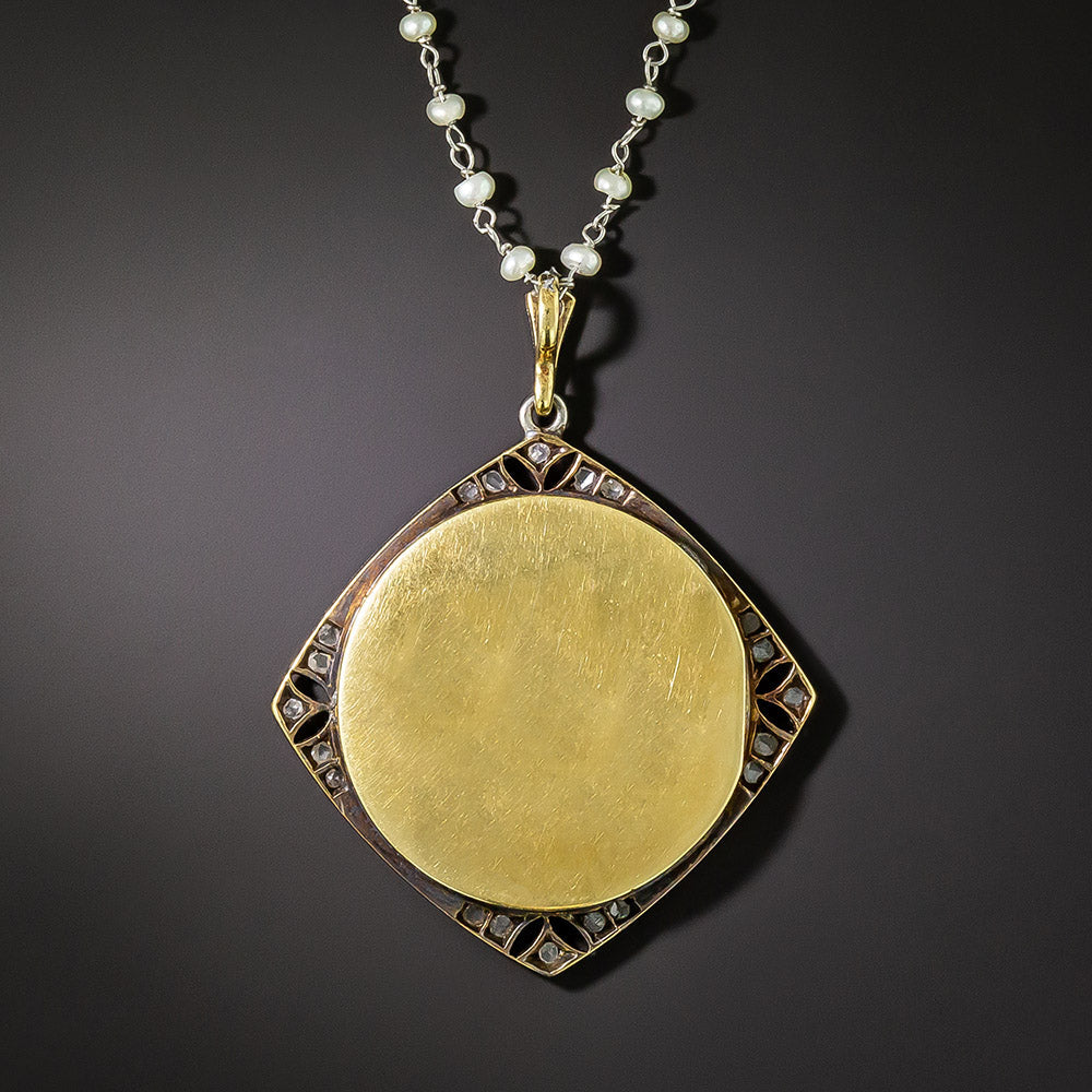 Edwardian Enameled Portrait Locket Pendant With Pearl Chain - 4