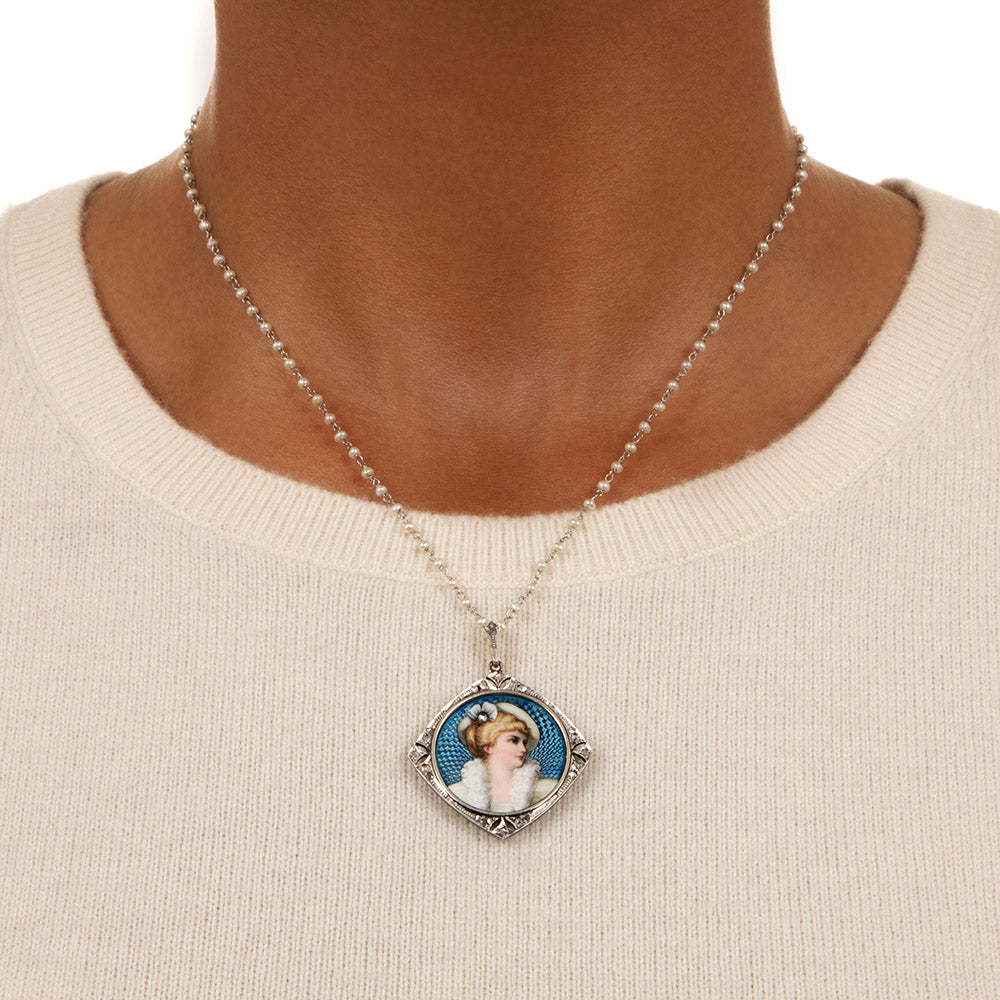 Edwardian Enameled Portrait Locket Pendant With Pearl Chain - 6