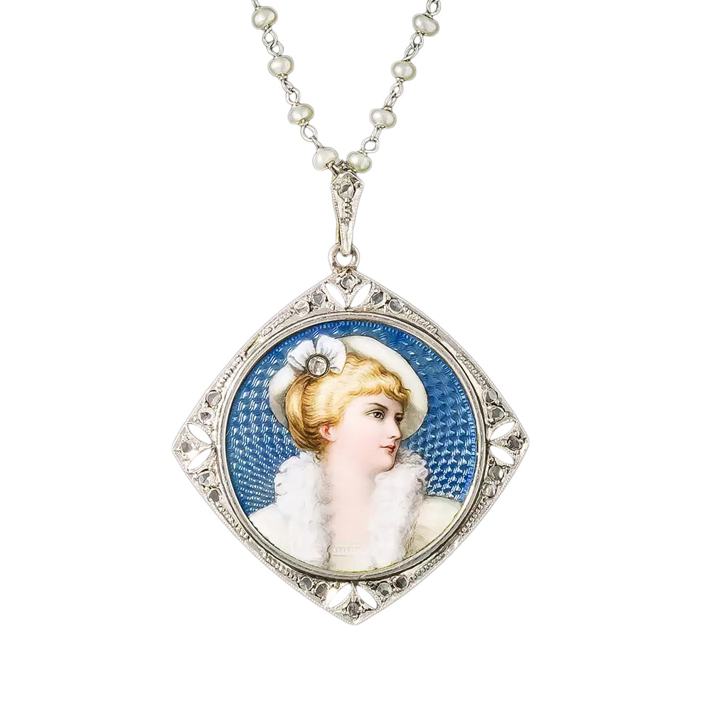 Edwardian Enameled Portrait Locket Pendant With Pearl Chain - 4
