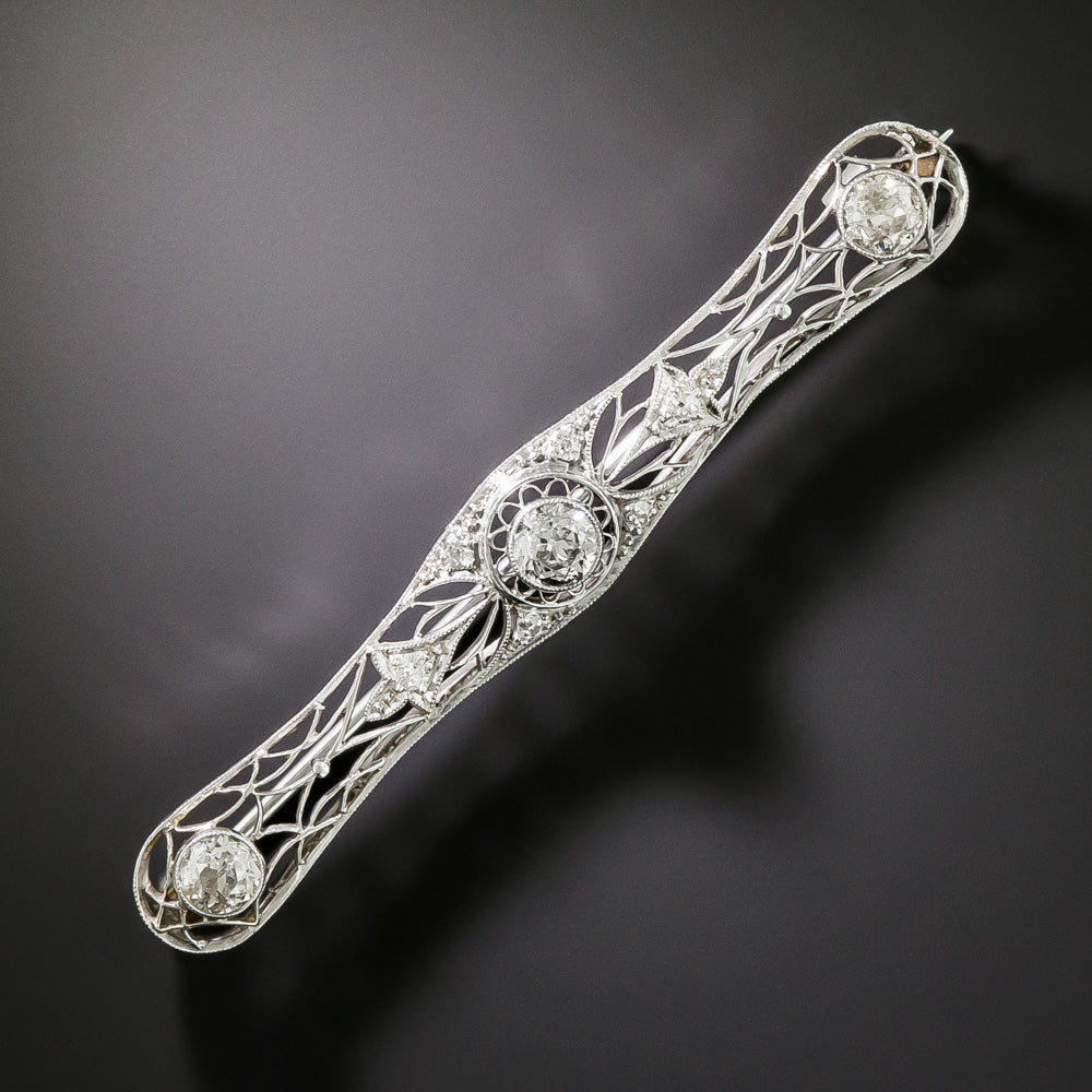 Edwardian Filigree Diamond Bar Pin - 1