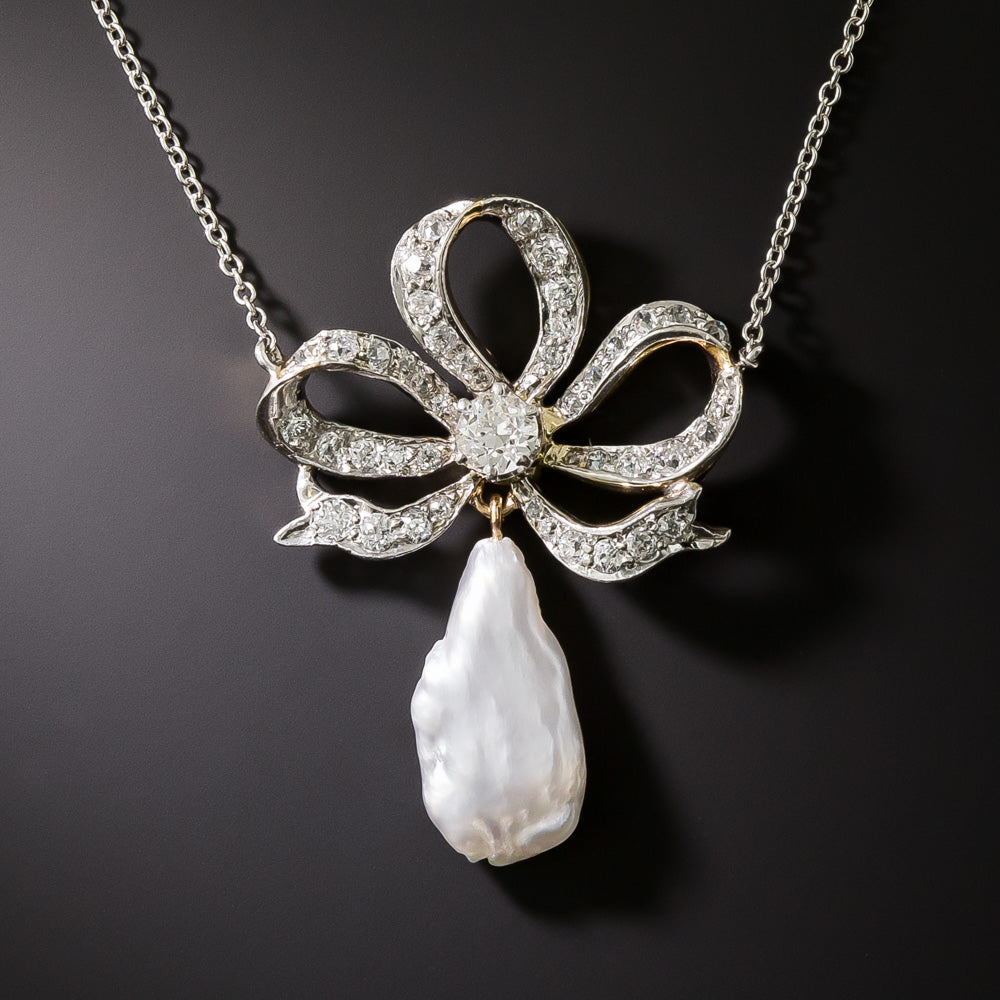 Edwardian Freshwater Pearl and Diamond Bow Pendant - 4