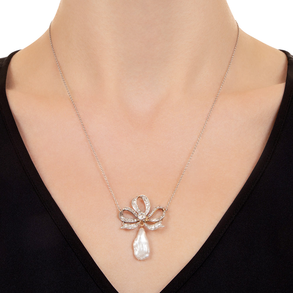 Edwardian Freshwater Pearl and Diamond Bow Pendant - 5