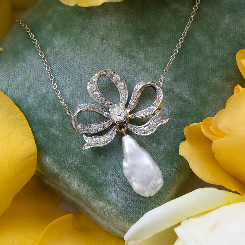 Edwardian Freshwater Pearl and Diamond Bow Pendant - 6