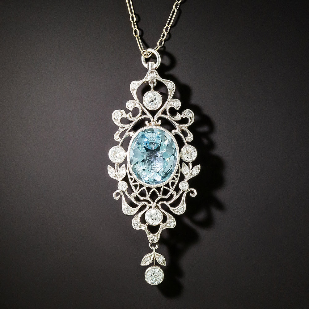 Edwardian Intaglio Aquamarine  and Diamond Lavaliere Necklace - 1