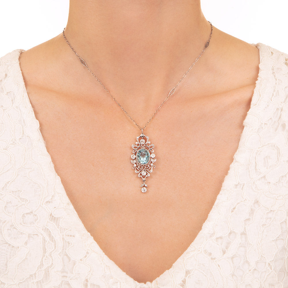 Edwardian Intaglio Aquamarine  and Diamond Lavaliere Necklace - 2