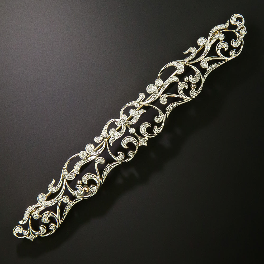Edwardian Long Diamond Scroll Brooch - 2