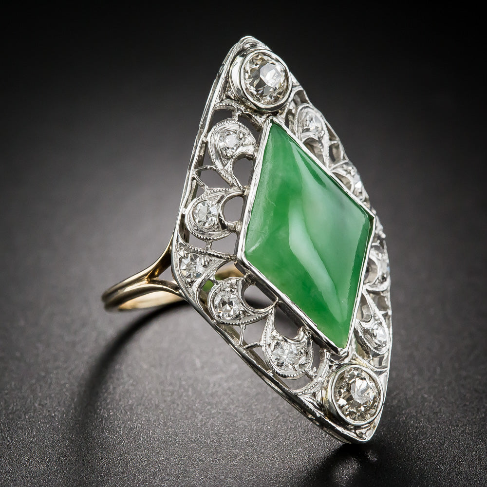 Edwardian Natural Jade and Diamond Dinner Ring - 6