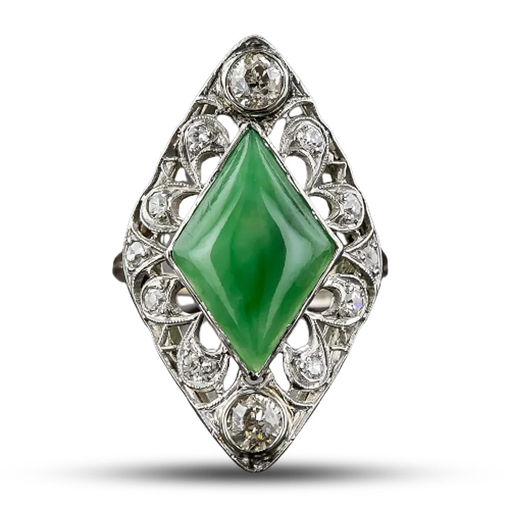 Edwardian Natural Jade and Diamond Dinner Ring - 5