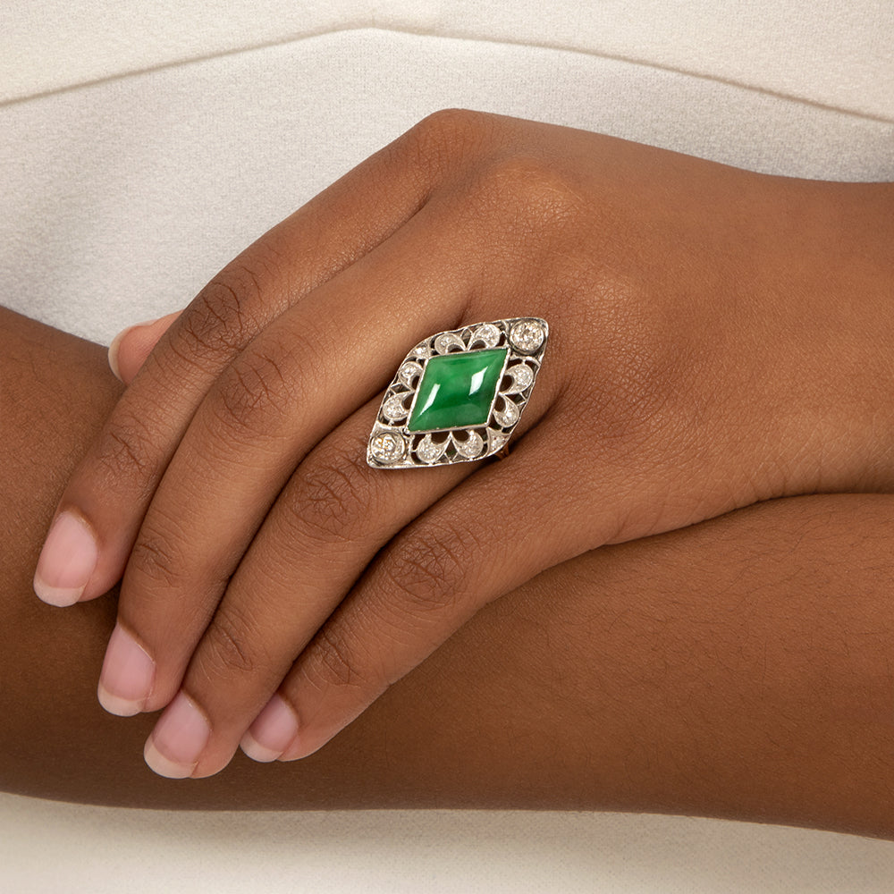 Edwardian Natural Jade and Diamond Dinner Ring - 6