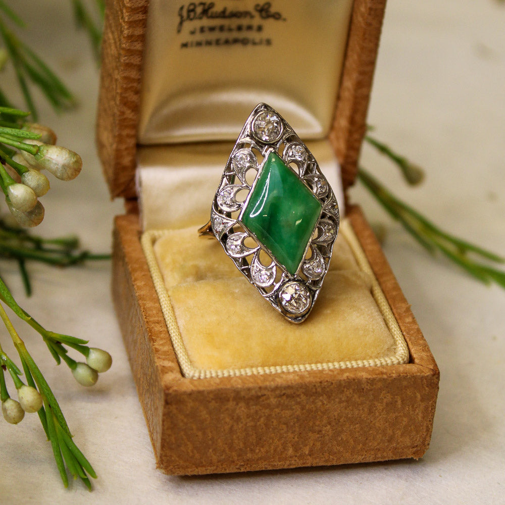 Edwardian Natural Jade and Diamond Dinner Ring - 7