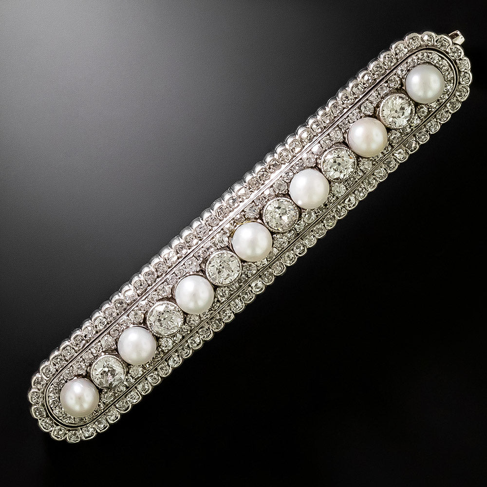 Edwardian Natural Pearl and Diamond Bar Brooch - GIA - 1
