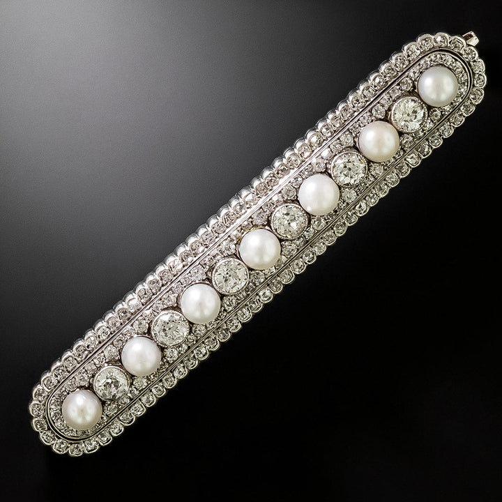 Edwardian Natural Pearl and Diamond Bar Brooch - GIA