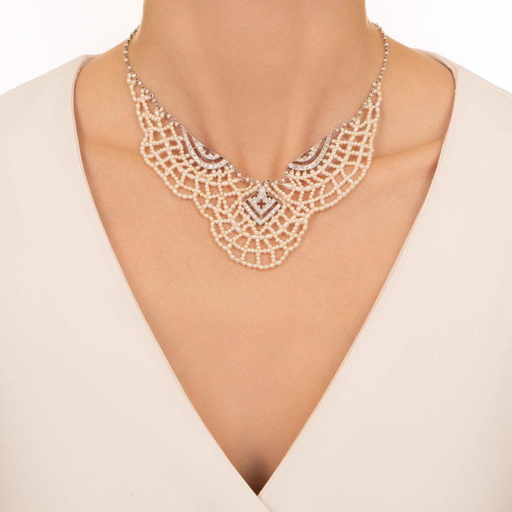 Edwardian Natural Pearl and Diamond Bib Necklace - GIA - 3