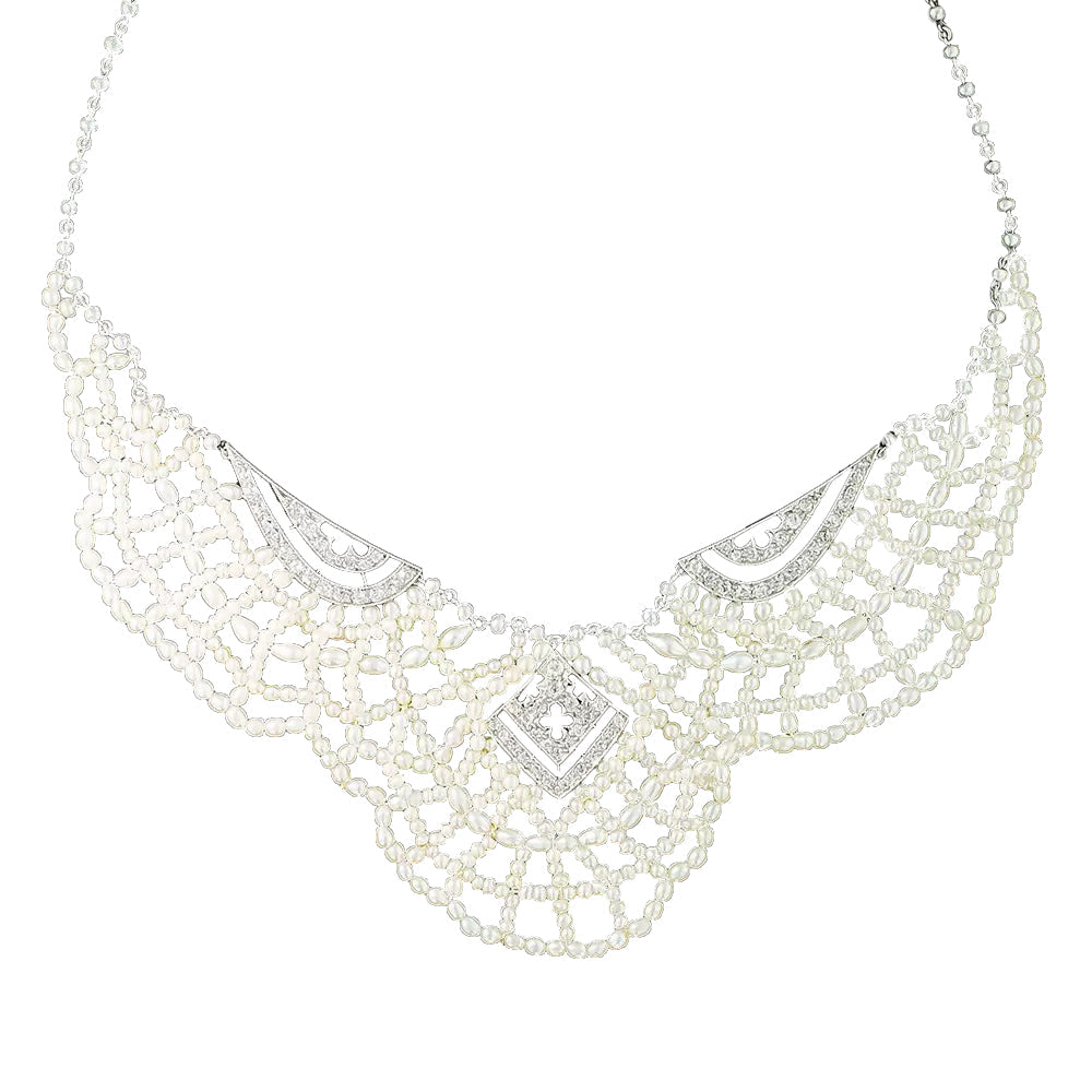 Edwardian Natural Pearl and Diamond Bib Necklace - GIA - 3