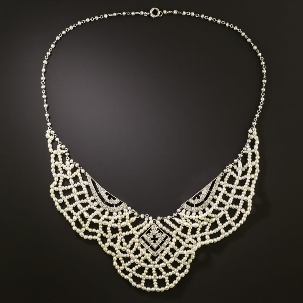 Edwardian Natural Pearl and Diamond Bib Necklace - GIA - 1