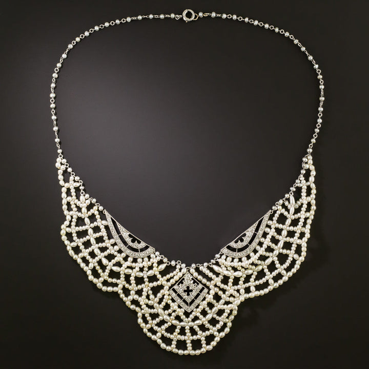 Edwardian Natural Pearl and Diamond Bib Necklace - GIA