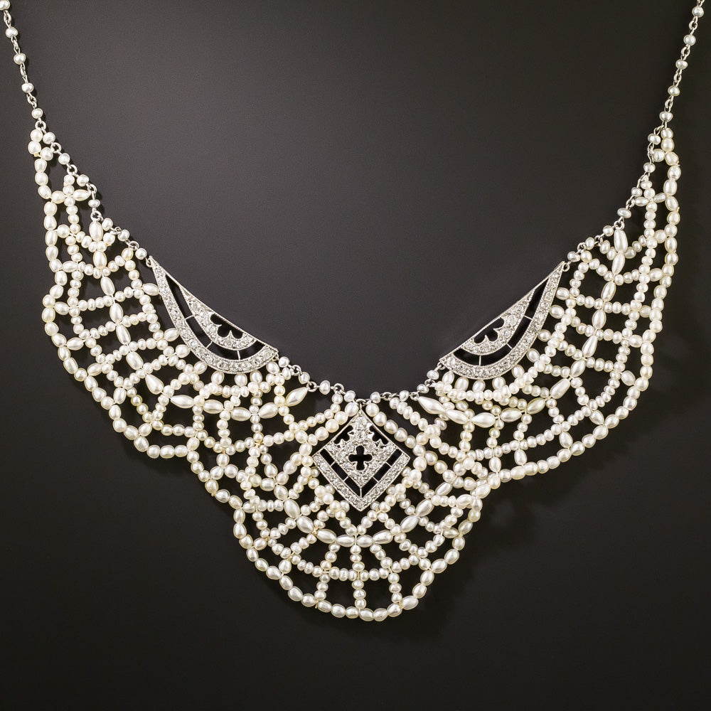 Edwardian Natural Pearl and Diamond Bib Necklace - GIA - 2