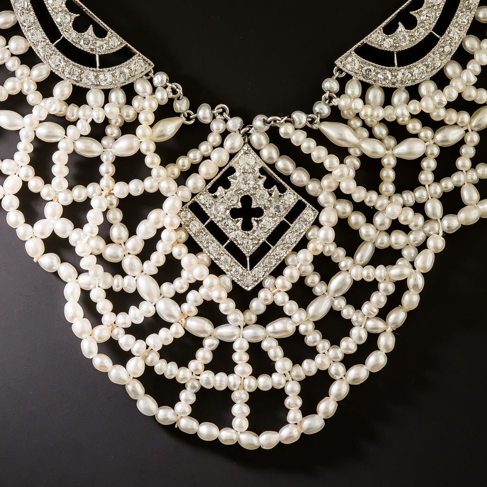 Edwardian Natural Pearl and Diamond Bib Necklace - GIA - 3