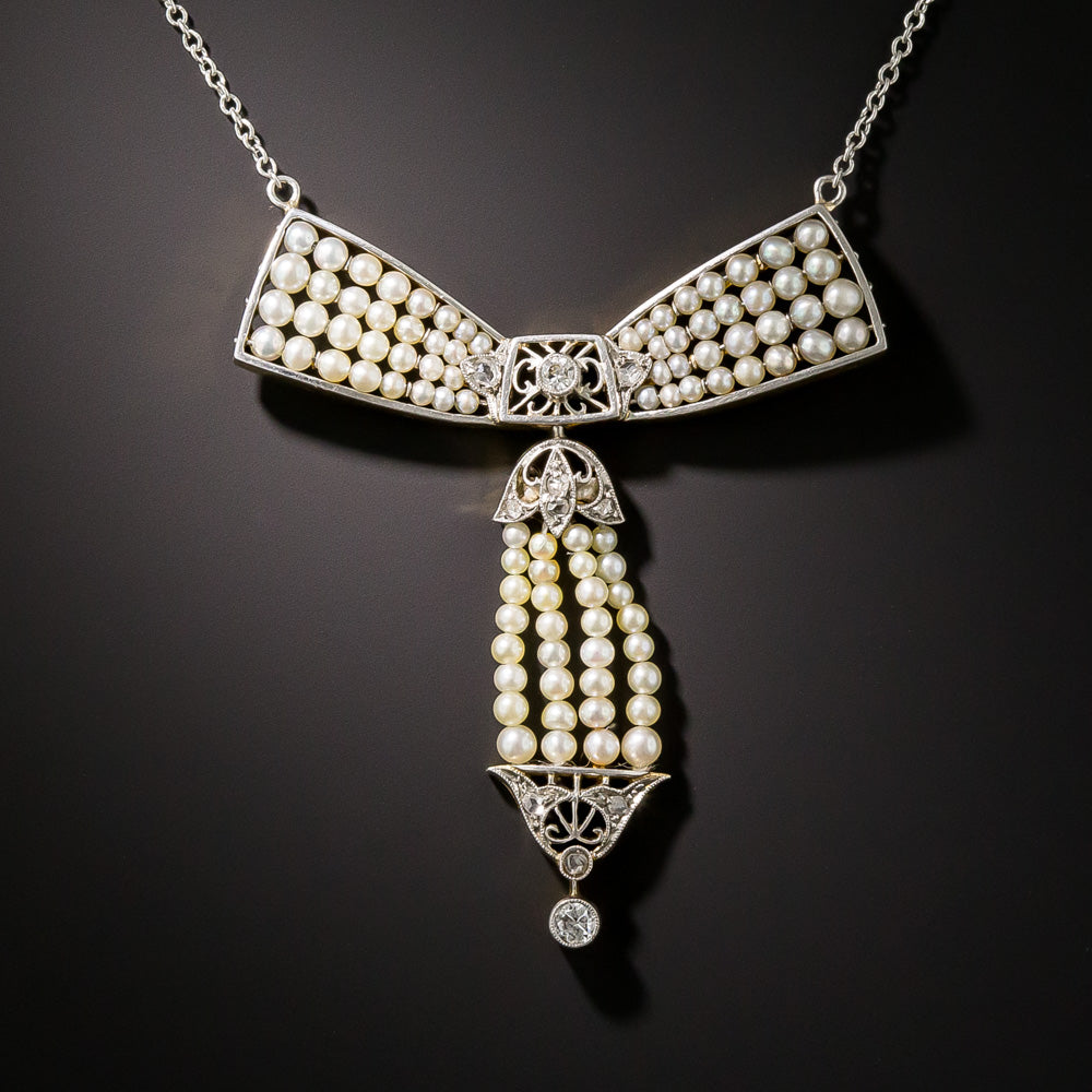 Edwardian Natural Pearl and Diamond Bow Necklace - 4