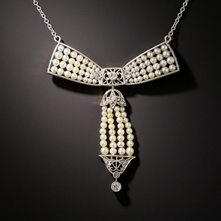 Edwardian Natural Pearl and Diamond Bow Necklace