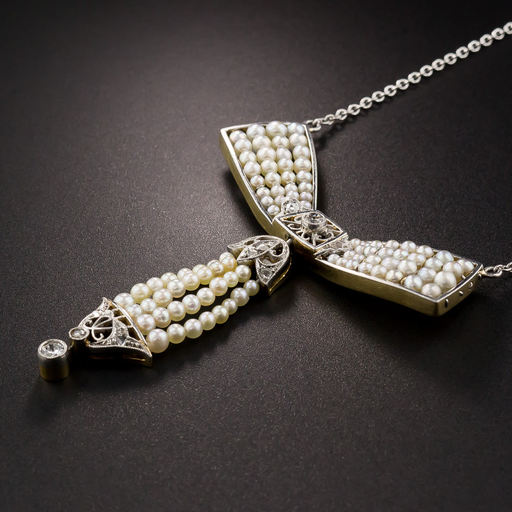 Edwardian Natural Pearl and Diamond Bow Necklace - 5