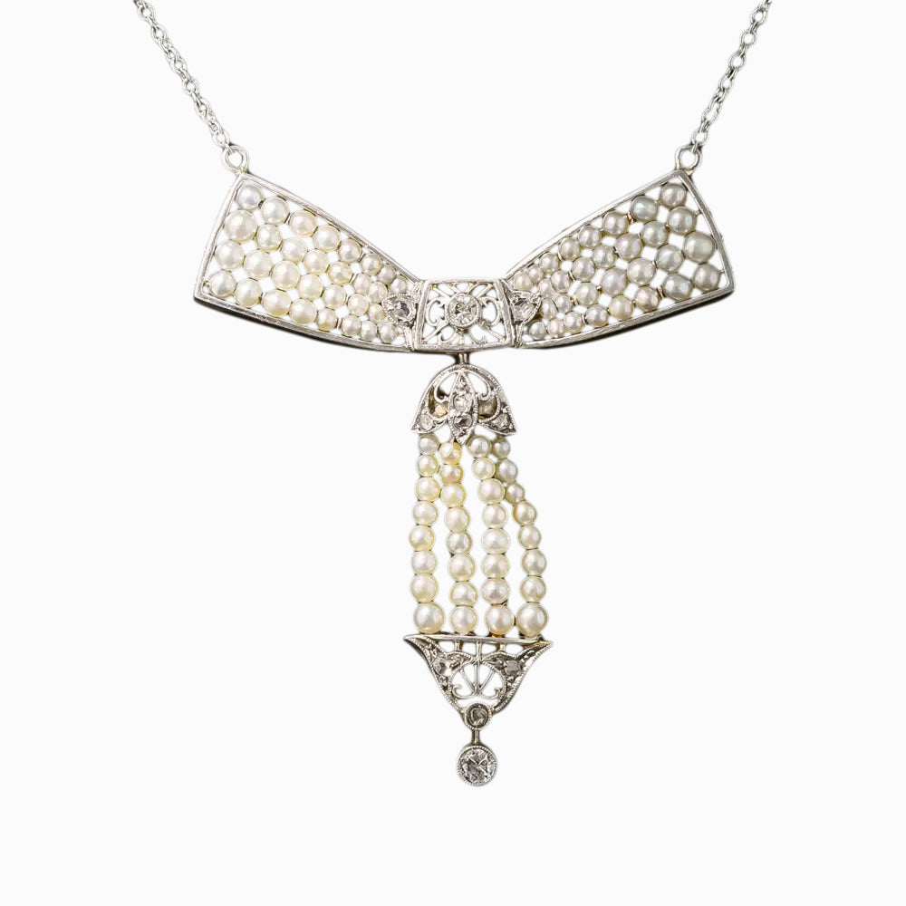 Edwardian Natural Pearl and Diamond Bow Necklace - 6