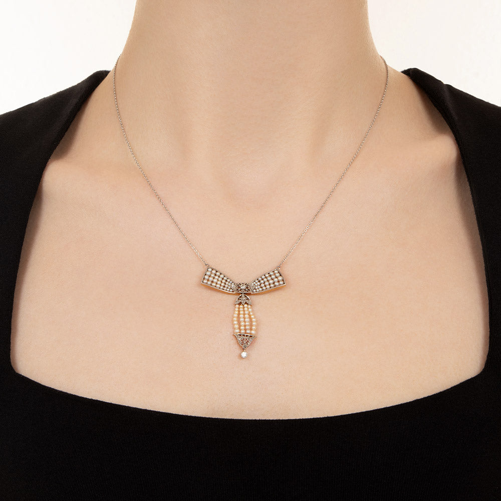 Edwardian Natural Pearl and Diamond Bow Necklace - 7