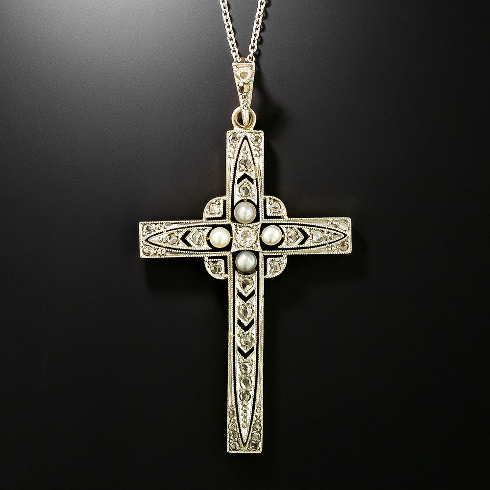 Edwardian Natural Pearl and Diamond Cross - 3