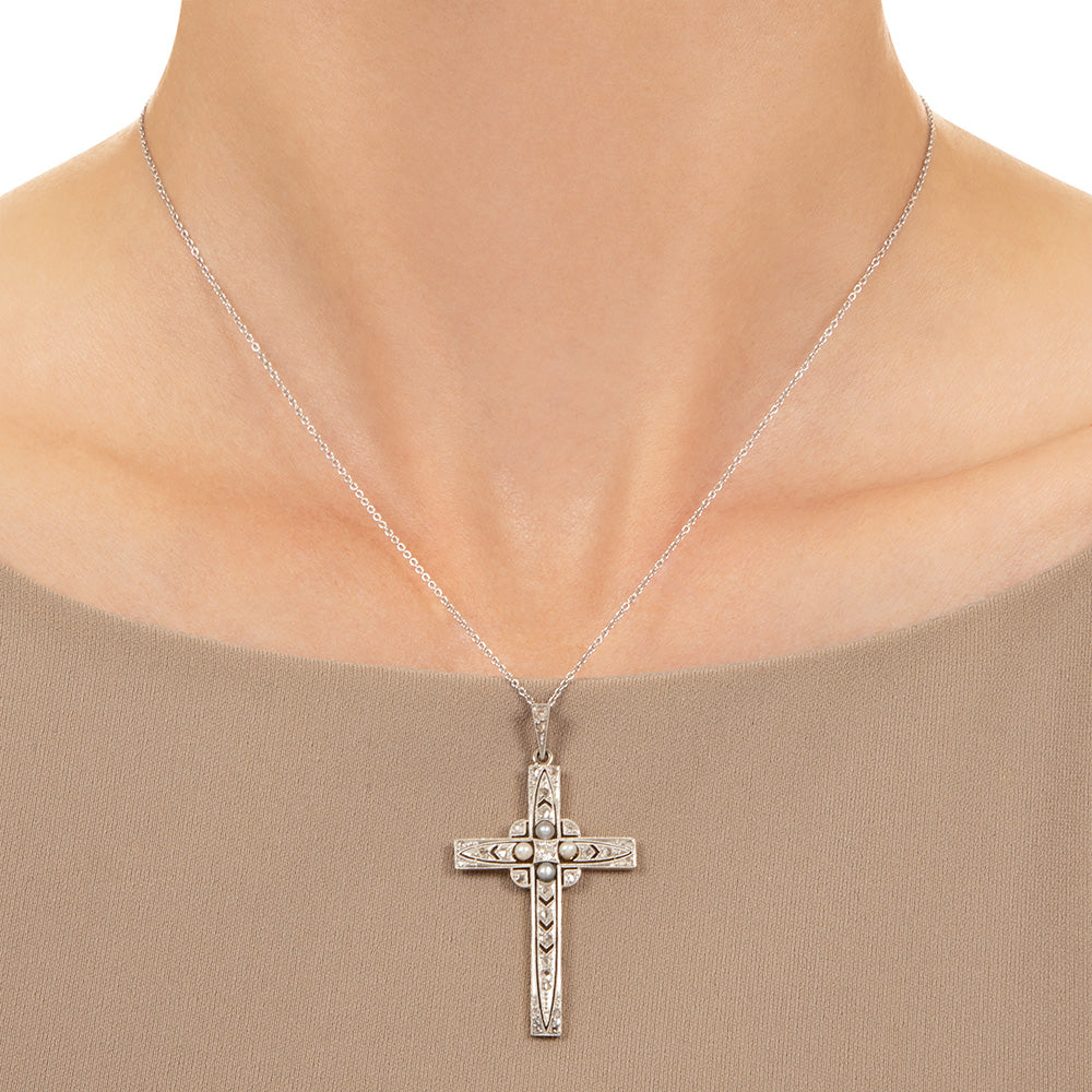 Edwardian Natural Pearl and Diamond Cross - 4