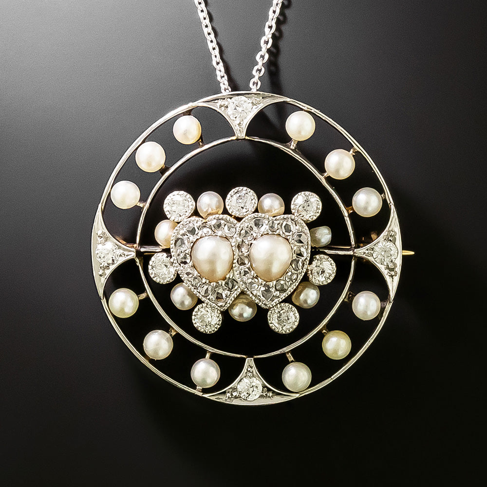 Edwardian Natural Pearl and Diamond Double-Heart Pendant/Brooch - 2