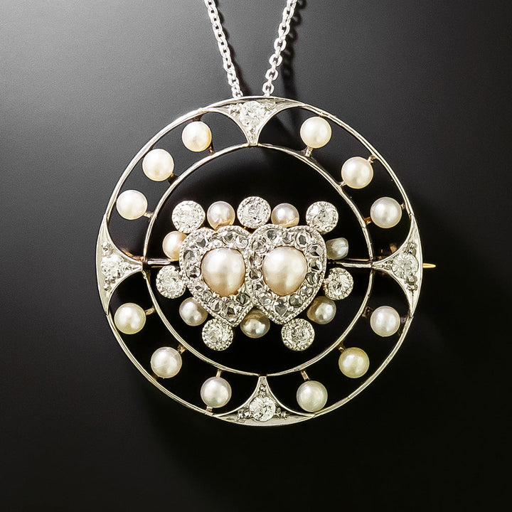 Edwardian Natural Pearl and Diamond Double-Heart Pendant/Brooch