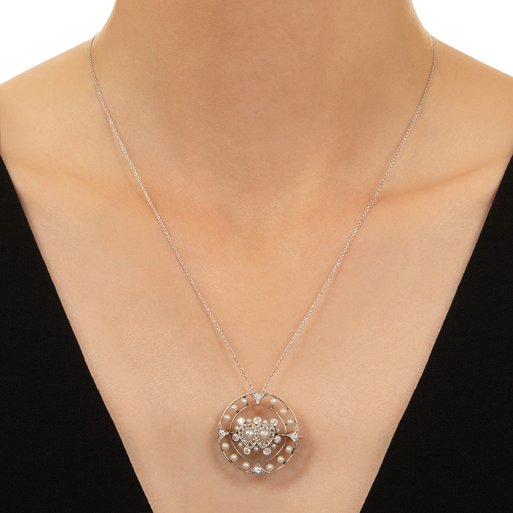 Edwardian Natural Pearl and Diamond Double-Heart Pendant/Brooch - 4