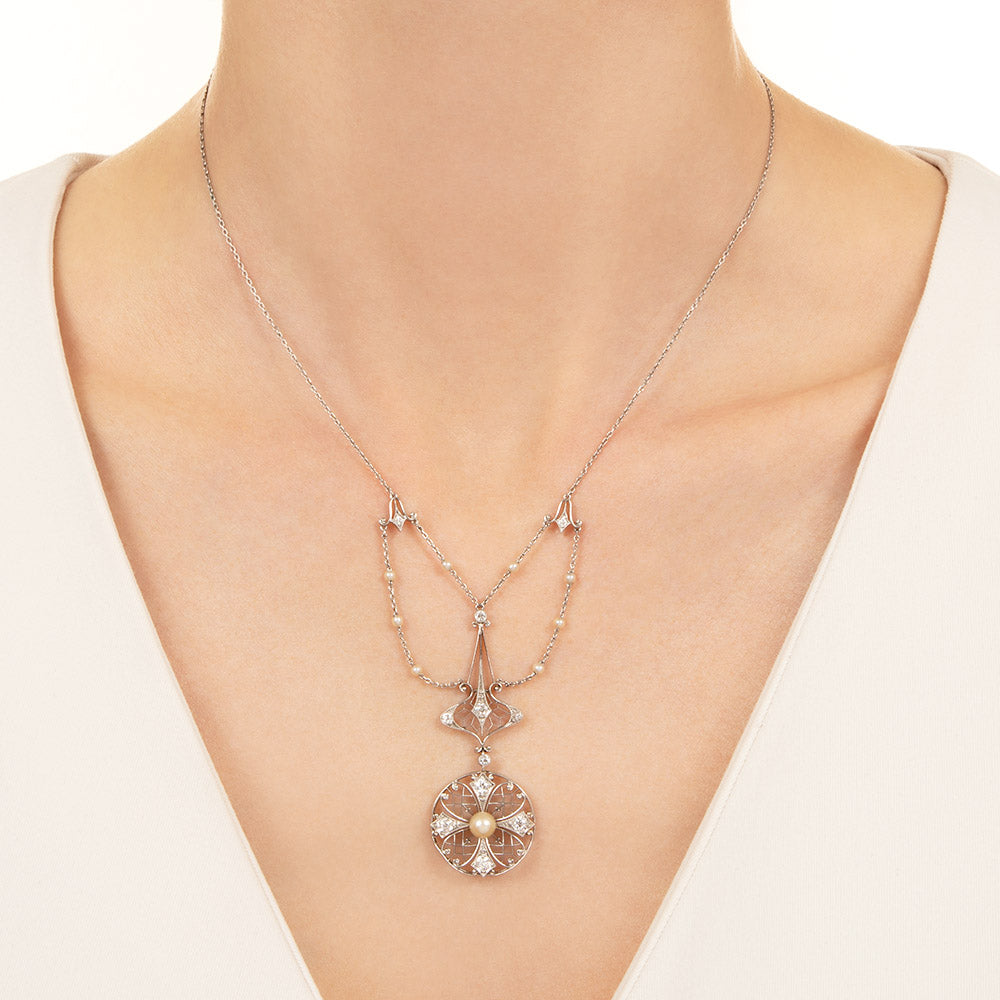 Edwardian Natural Pearl and Diamond Festoon Necklace - 3