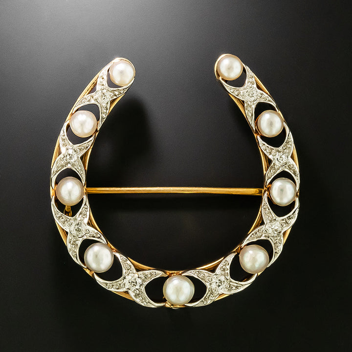 Edwardian Natural Pearl and Diamond Horseshoe Brooch by Allsopp & Allsopp