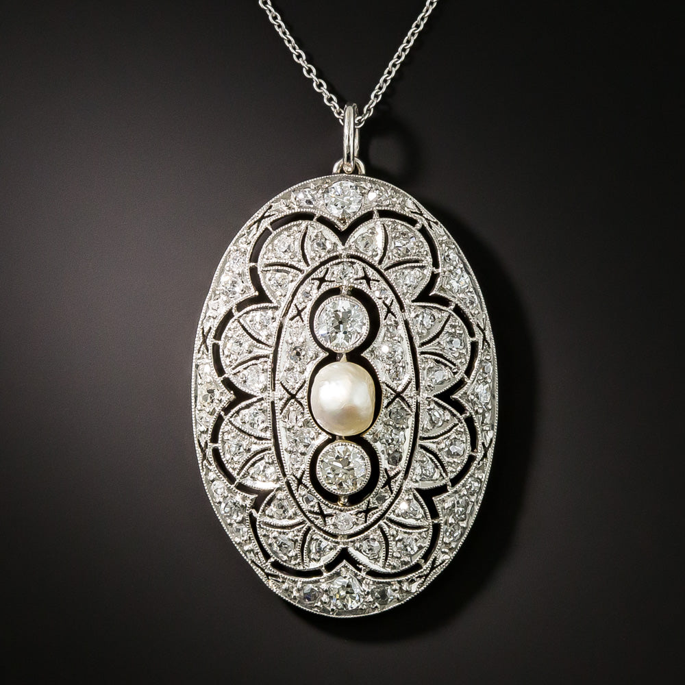 Edwardian Natural Pearl and Diamond Lavaliere  - 2
