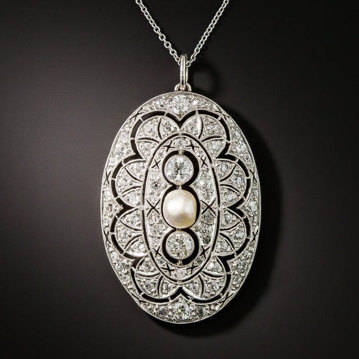 Edwardian Natural Pearl and Diamond Lavaliere