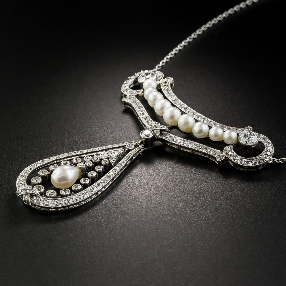 Edwardian Natural Pearl and Diamond Necklace - 4
