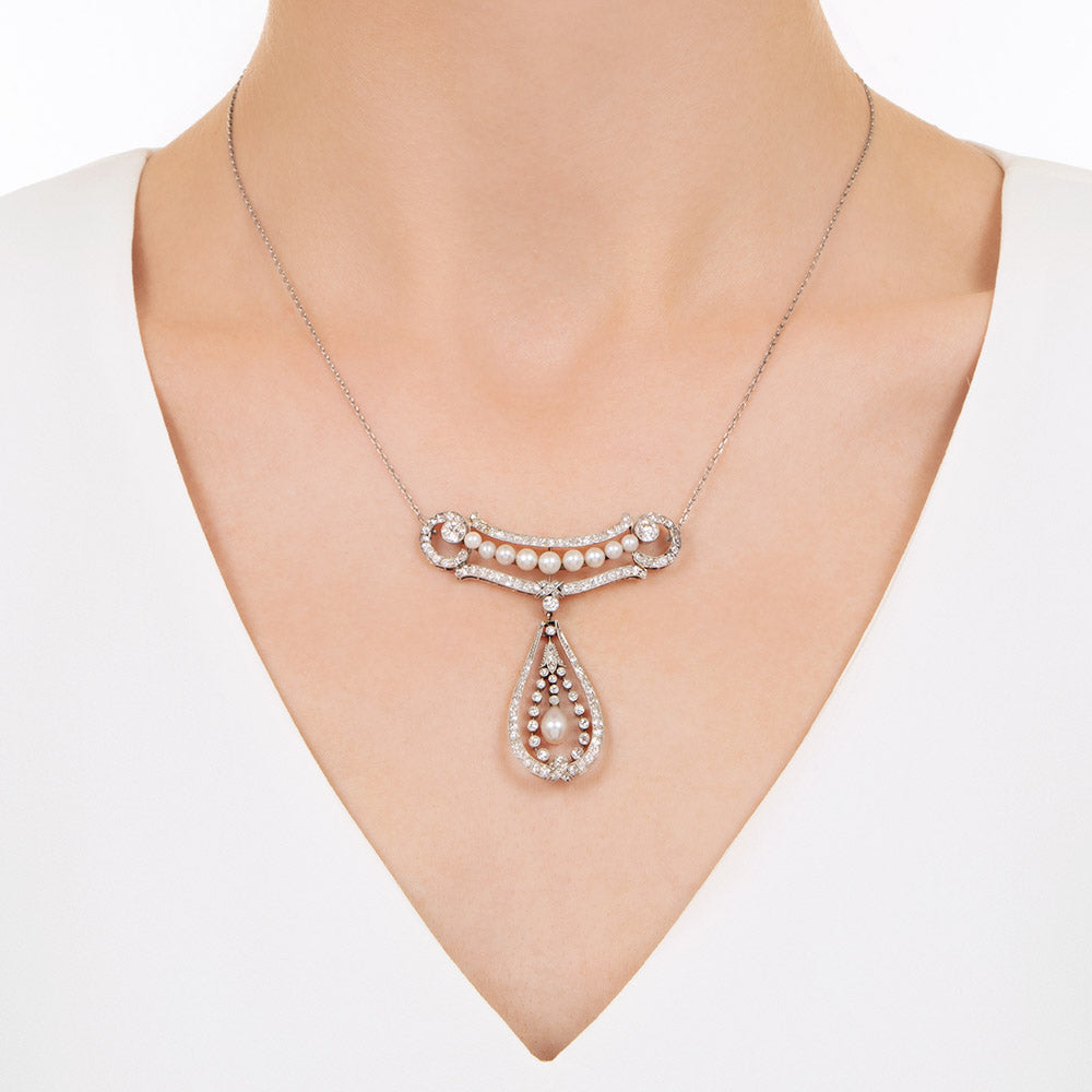 Edwardian Natural Pearl and Diamond Necklace - 8