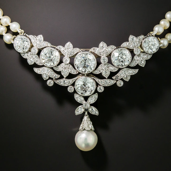 Edwardian Natural Pearl and Diamond Necklace/Brooch - GIA