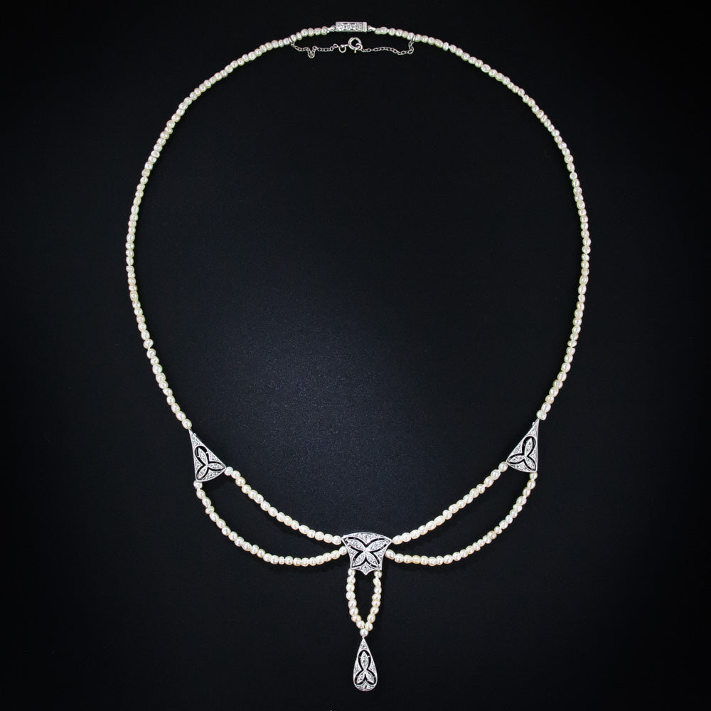 Edwardian Natural Pearl and Diamond Necklace - GIA - 7