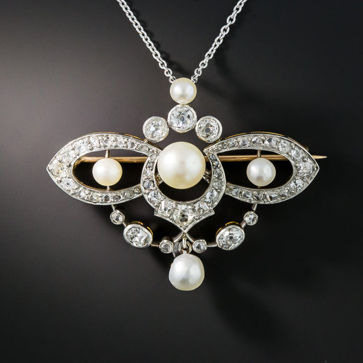 Edwardian Natural Pearl and Diamond Pendant/Brooch - GIA