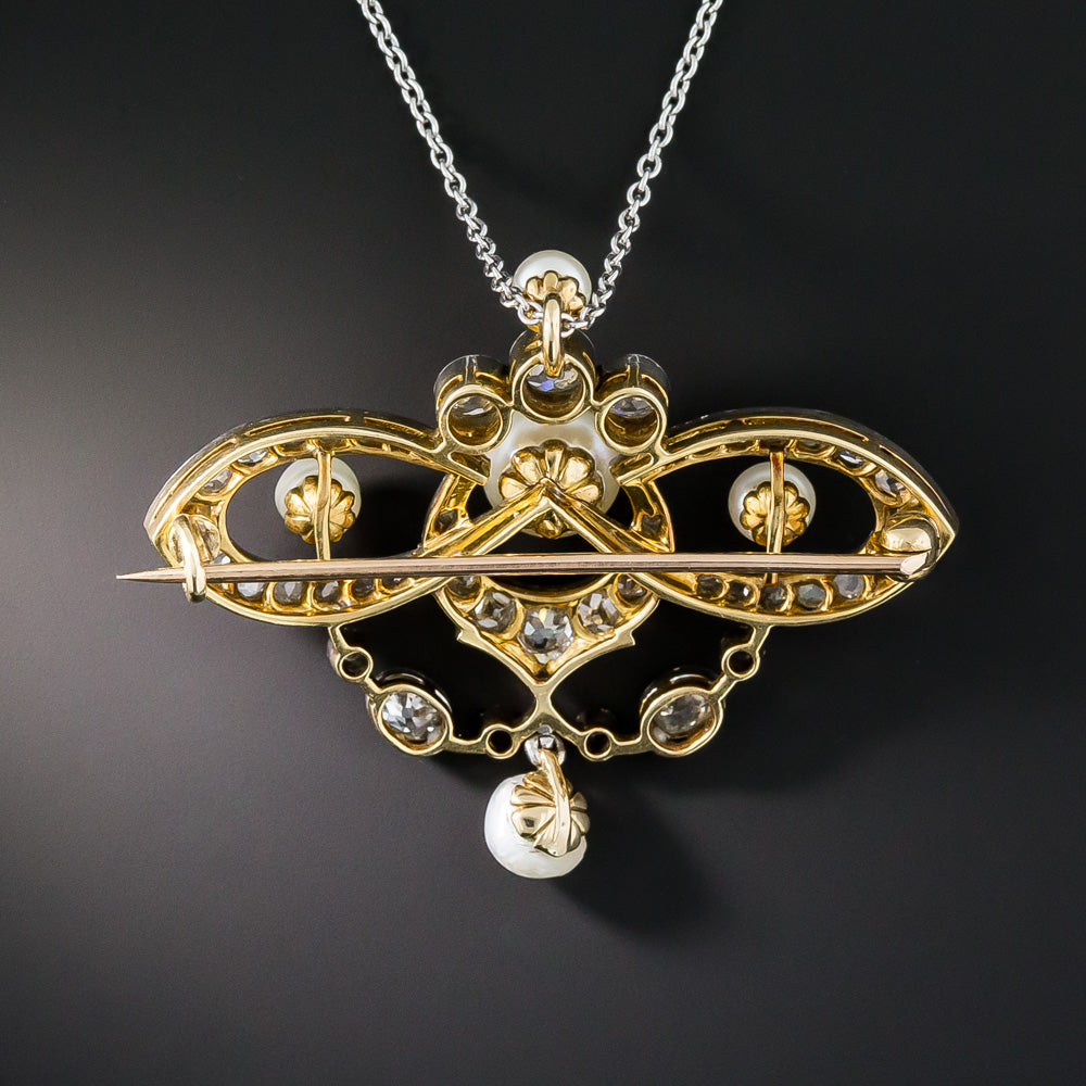 Edwardian Natural Pearl and Diamond Pendant/Brooch - GIA - 4