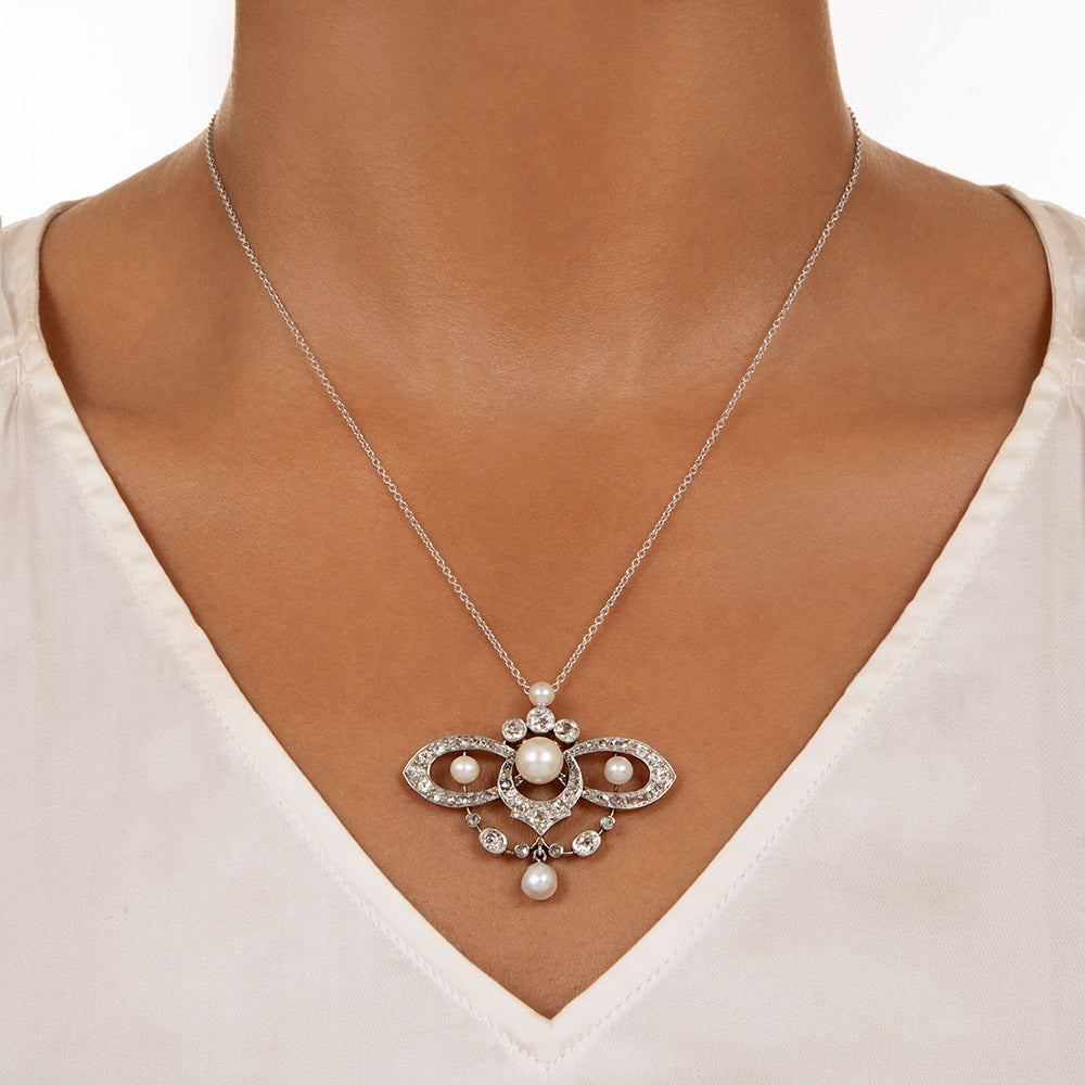 Edwardian Natural Pearl and Diamond Pendant/Brooch - GIA - 4