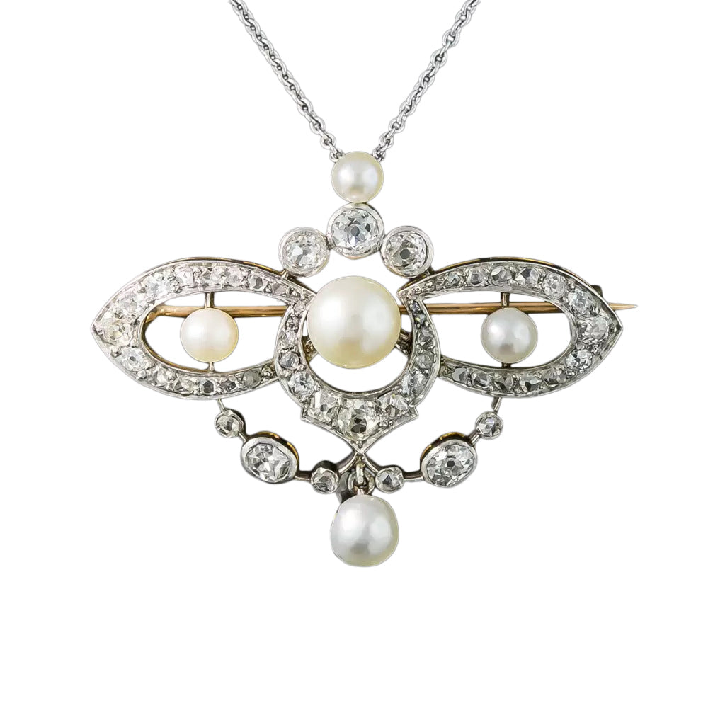 Edwardian Natural Pearl and Diamond Pendant/Brooch - GIA - 4