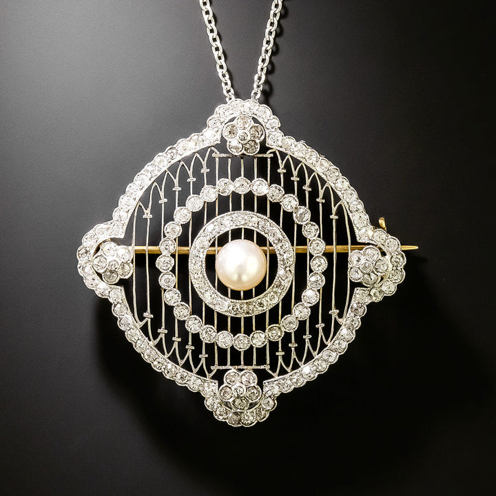 Edwardian Natural Pearl and Diamond Pendant/Brooch