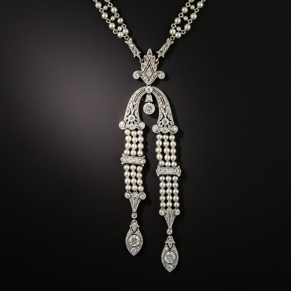 Edwardian Natural Pearl and Diamond Sautoir Necklace - 1