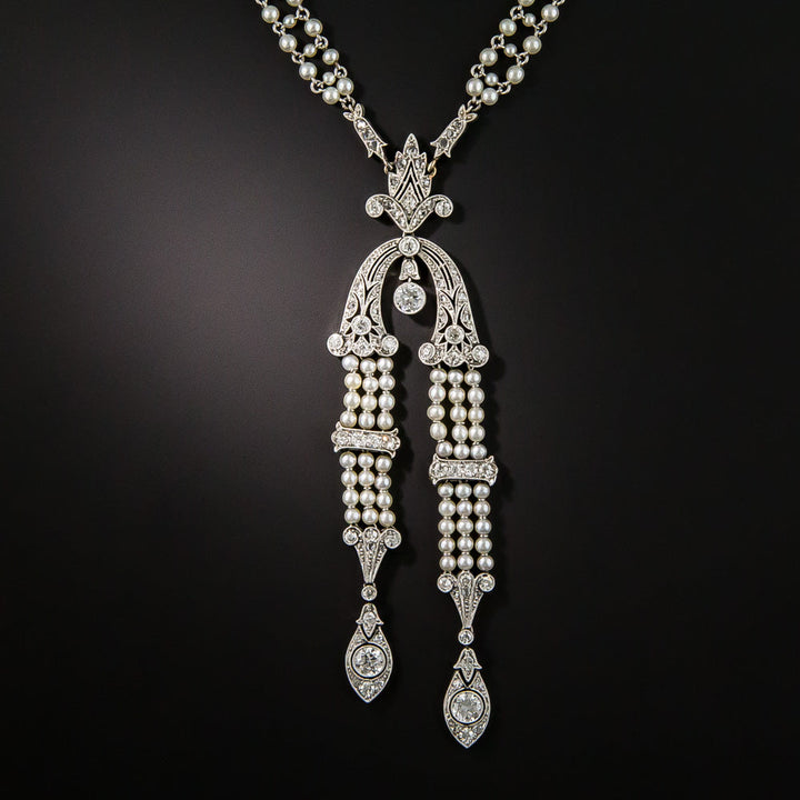 Edwardian Natural Pearl and Diamond Sautoir Necklace