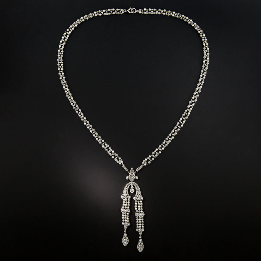 Edwardian Natural Pearl and Diamond Sautoir Necklace - 2